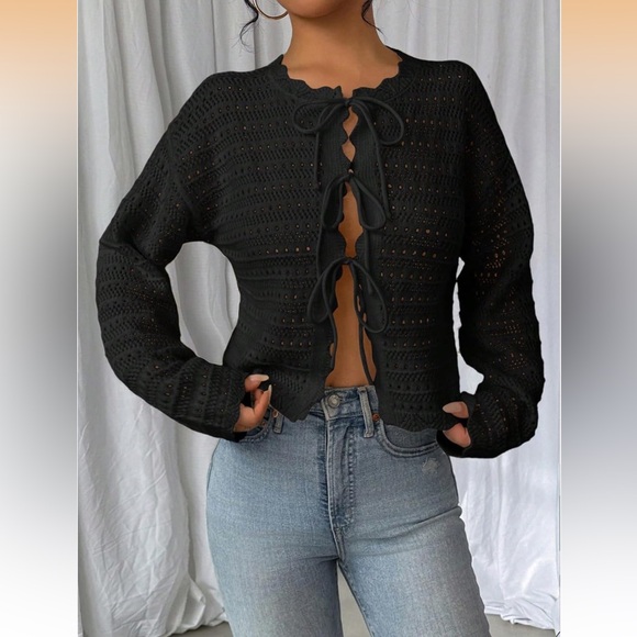 Tie Front Cardigan Scallop Crewneck Long Sleeve Knit Sweater - Picture 3 of 7